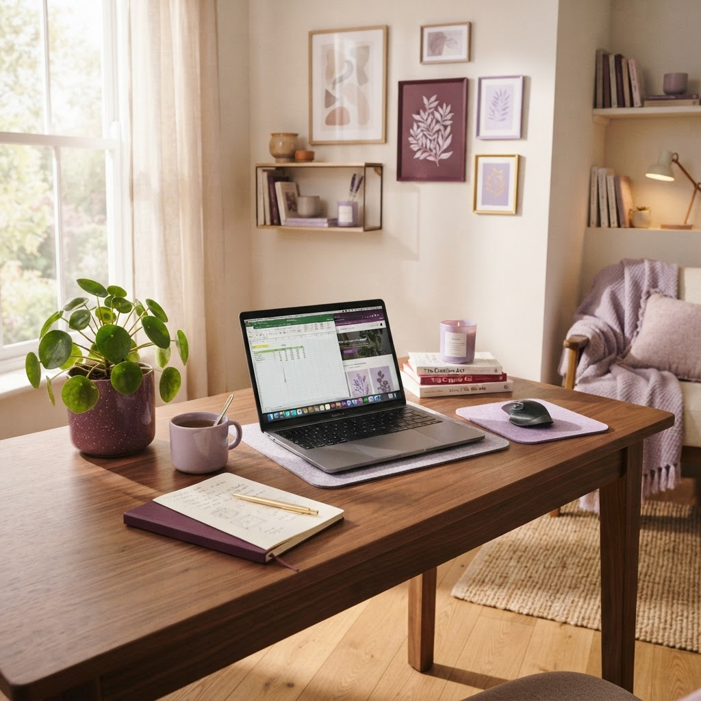 Espacio de trabajo remoto: escritorio iluminado, portátil y planta