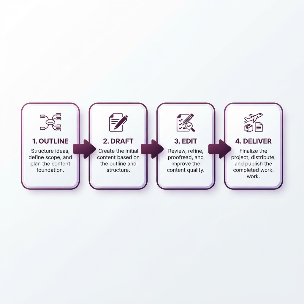 Diagrama del flujo de producción: Esquema, Borrador, Edición, Entrega