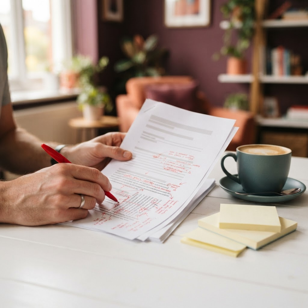 Persona editando un manuscrito con criterio editorial